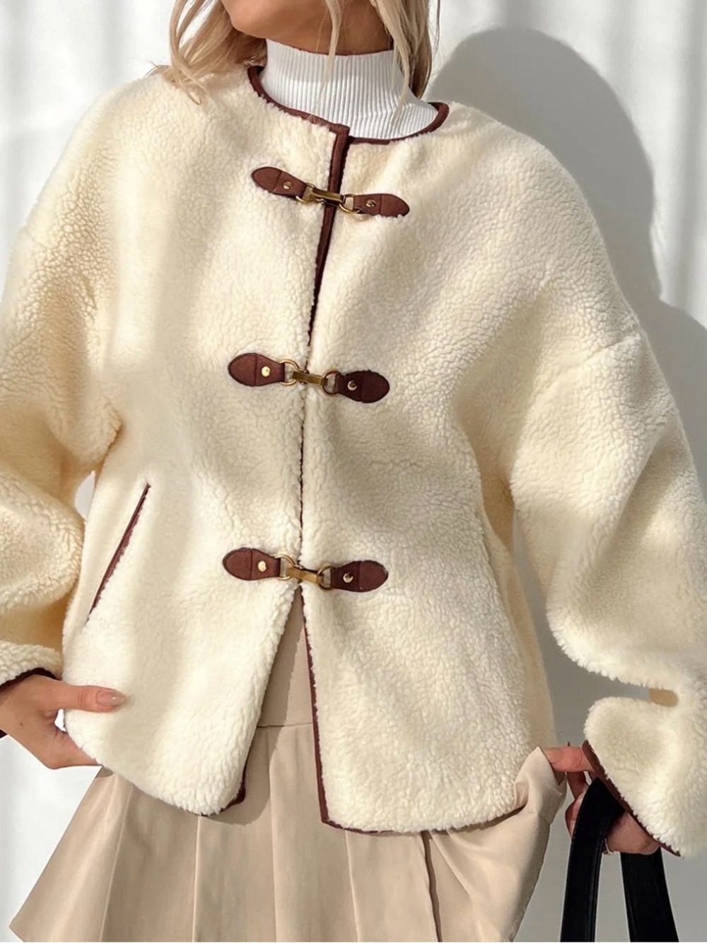 Size 6 Princess Polly Adylic Teddy Coat in Cream and Brown Oversized
